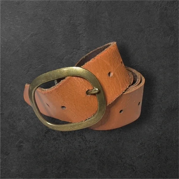 Tan Leather Belt with Brass Buckle - Picture 2 of 8